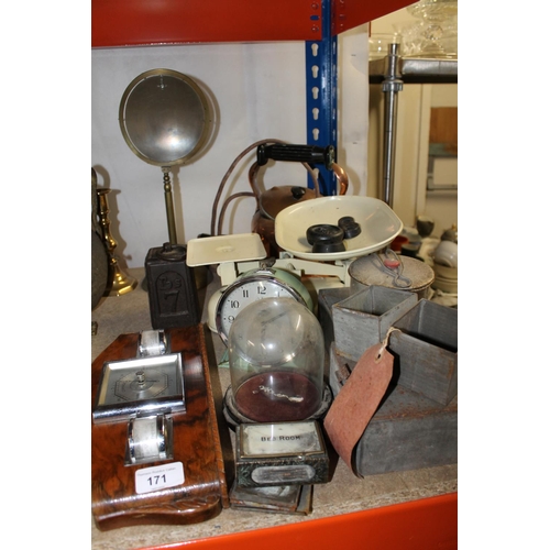 171 - Walnut weather station, a 7lb weight, a Smiths alarm clock, James Galt & Co. scales, a copper ke... 