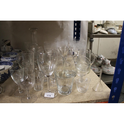 174 - Glassware to include drinking glasses, a mallet shaped decanter, etc.