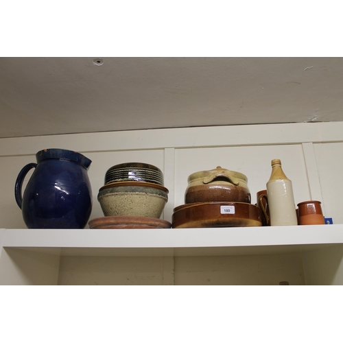 180 - Stoneware to include a Gray of Portobello bottle, a blue glazed pottery ewer, oven dishes, etc.