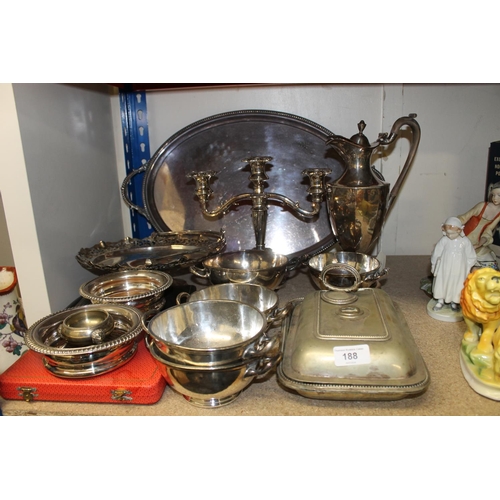 188 - Silver-plated ware to include and entree dish and cover, four twin-handled bowls, a twin-handled bas... 