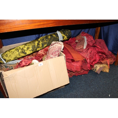 305 - Quantity of curtains, fabrics and fabric cuttings in different materials.