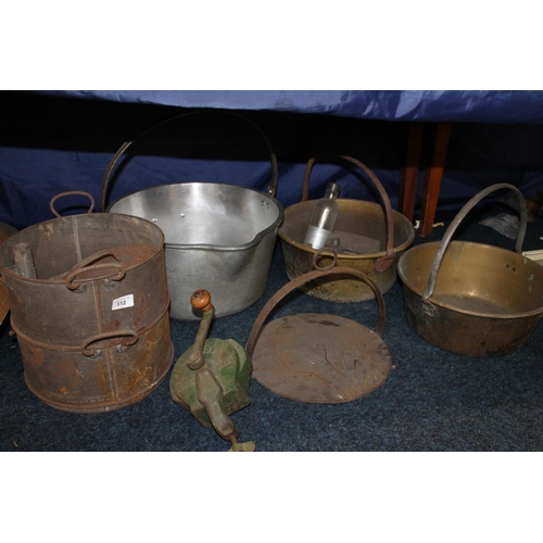 312 - Brass jelly pans, griddle pan, Harrods British Mark grinder, etc.