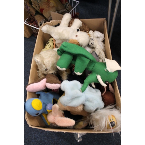 323 - Box of vintage soft toys and teddy bears to include Dougal from the Magic Roundabout, knitted toys, ... 