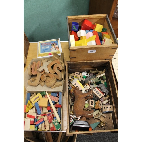 334 - Vintage wooden childrens toys to include alphabet building blocks, figures and animal models.