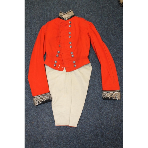 347 - British Army Red longtail coat with bullion wire acorn and oak leaf collar and cuffs, and staybrite ... 