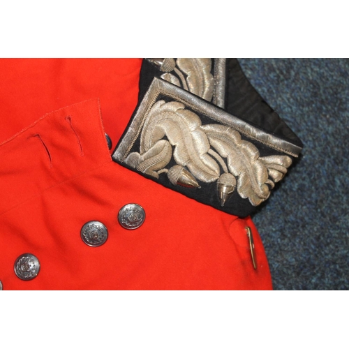 347 - British Army Red longtail coat with bullion wire acorn and oak leaf collar and cuffs, and staybrite ... 