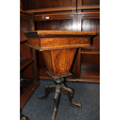 408 - Victorian walnut and inlaid work table, having chess board top raised on column with four snake feet... 