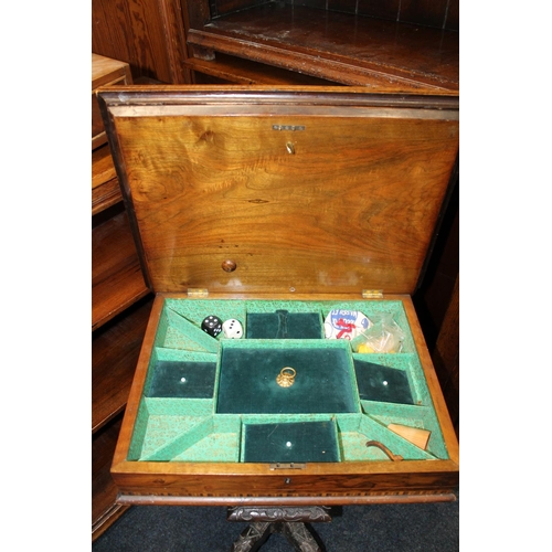 408 - Victorian walnut and inlaid work table, having chess board top raised on column with four snake feet... 