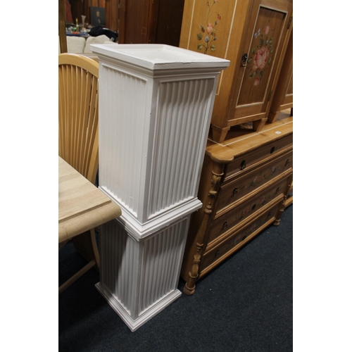 419 - Pair of white painted square section pedestals with fluted panel sides, 60cm tall.