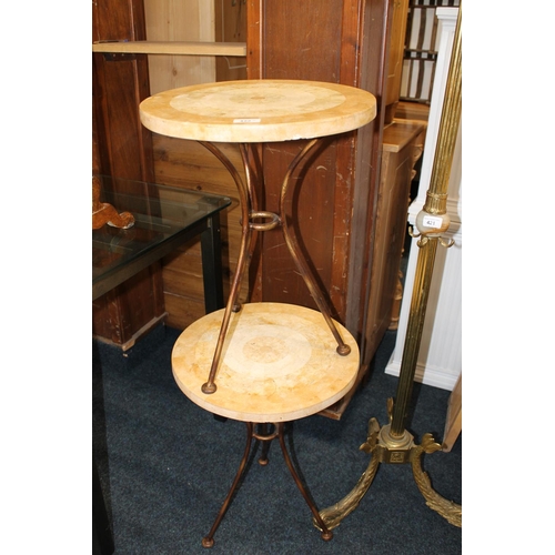 422 - Pair of circular faux marble topped occasional tables raised on metal bases, 40cm diameter.