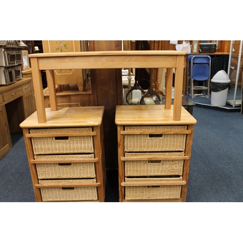 427 - Pair of pine framed units with wicker basket drawers, 56cm wide and a coffee table 98cm long. (3)