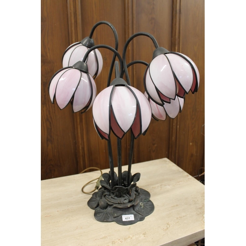 431 - Tiffany style six arm table lamp with flower head glass shades, the metal base with lilly pad design... 