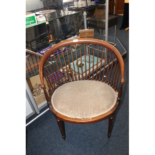 441 - 19th century mahogany and inlaid tub chair with teardrop spindle back, yoke back rail, raised on tur... 