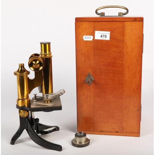 470 - Antique brass microscope by Ernest Leitz, possibly 1902, serial no. 62317, mahogany case included