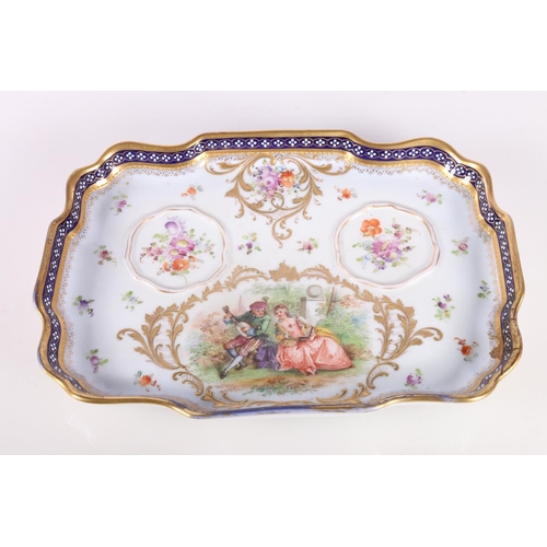 125 - Wehsener Dresden porcelain desk stand, hand-painted with central vignette of classical figure playin... 