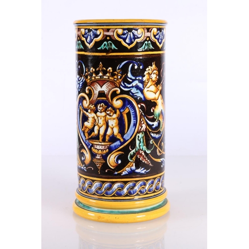 128 - Continental Gien majolica column vase decorated with classical scenes, 19cm high, and an Italian Can... 