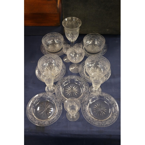 130 - Antique style etched glassware to include ice plates, finger bowls and drinking glasses.