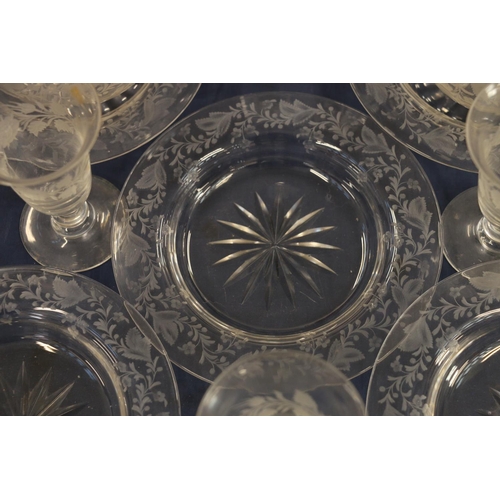 130 - Antique style etched glassware to include ice plates, finger bowls and drinking glasses.