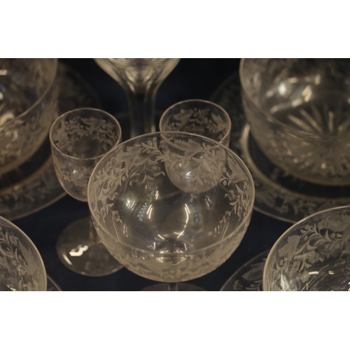 130 - Antique style etched glassware to include ice plates, finger bowls and drinking glasses.