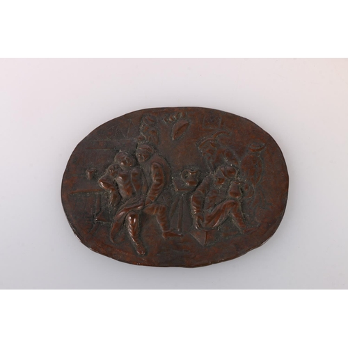 134 - Relief oval plaque depicting a tavern scene, 9cm long, two large plaster roundels depicting classica... 