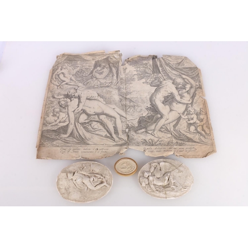 134 - Relief oval plaque depicting a tavern scene, 9cm long, two large plaster roundels depicting classica... 