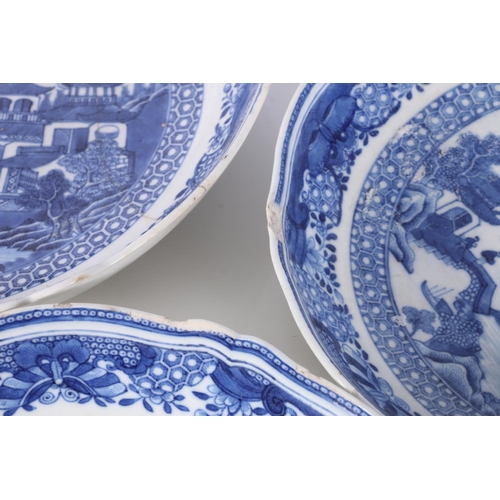 137 - Four Chinese blue and white dishes decorated with pavilion and garden scenes, 25cm and 23cm diameter... 