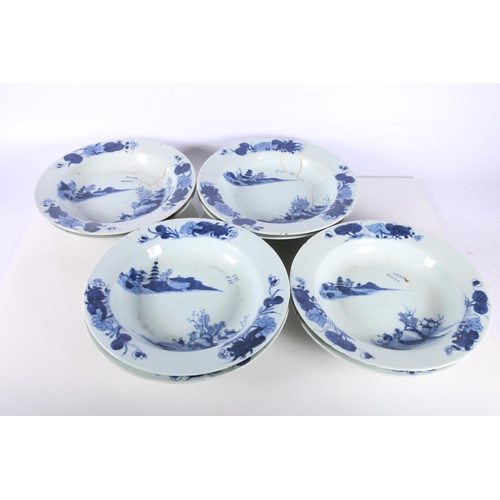 143 - Eight Chinese blue and white dishes decorated with pavilion scene, 23cm diameter.  (a/f)