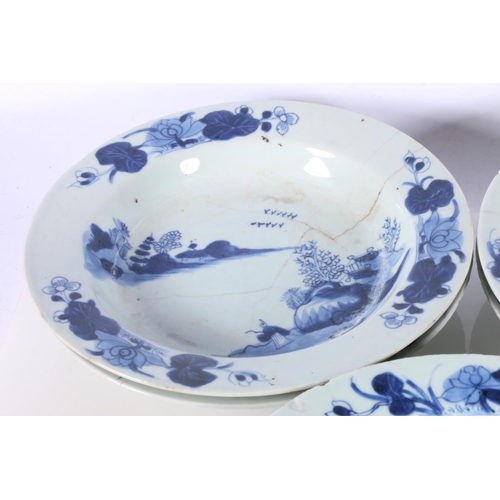 143 - Eight Chinese blue and white dishes decorated with pavilion scene, 23cm diameter.  (a/f)