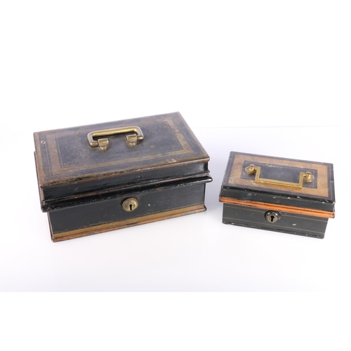 148 - Metal cash box with lift-out tray, 23cm long, and another, 15cm long.