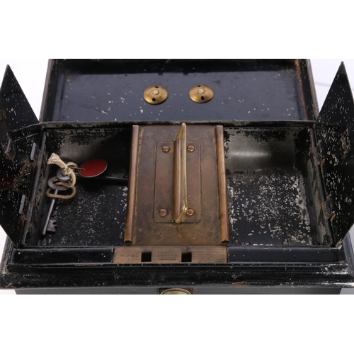 148 - Metal cash box with lift-out tray, 23cm long, and another, 15cm long.