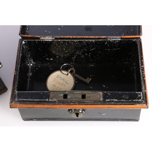 148 - Metal cash box with lift-out tray, 23cm long, and another, 15cm long.