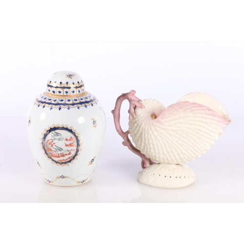 150 - Continental porcelain baluster ginger jar and cover, 11.5cm high, and a Belleek pink edge nautilus s... 