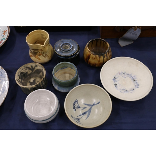 152 - Studio Pottery by Honor Clerk to include agate ware jug, drip glaze vases, etc.