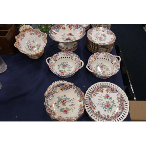 157 - Spode floral decorated pattern #3184 pottery part dinner set to include a pair of twin-handled baske... 