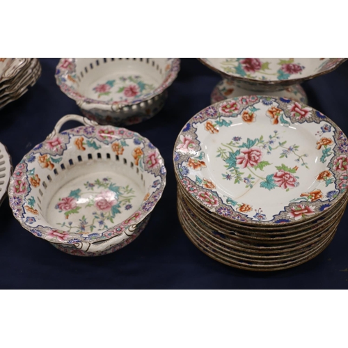 157 - Spode floral decorated pattern #3184 pottery part dinner set to include a pair of twin-handled baske... 