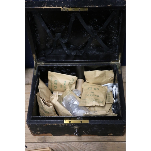 353 - Leather bound hinge top vanity box containing National Transport tokens, some still in original roll... 