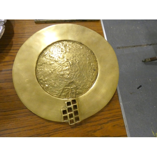 298 - Large brass wall plaque and hammered dish, cork screw etc.