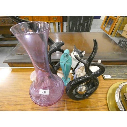 300 - Various to include glass vase, cat figure, shrill, etc.