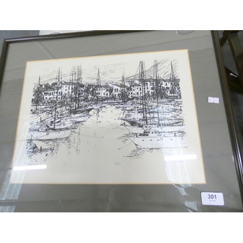 301 - Harbour Scene limited edition, gallery stamped, pencil signed print and another print.