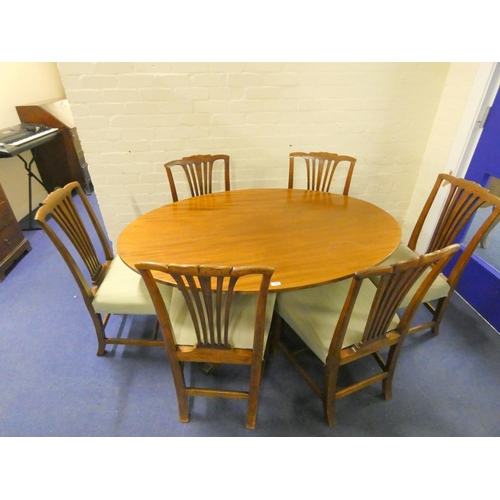 329 - Large tilt top dining table and 6 antique oak dining chairs.