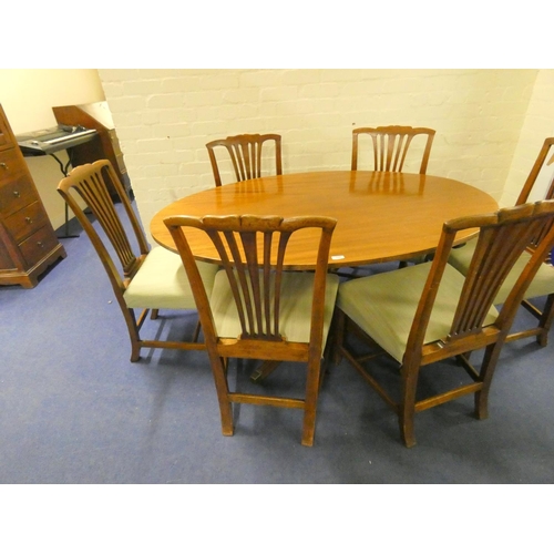 329 - Large tilt top dining table and 6 antique oak dining chairs.