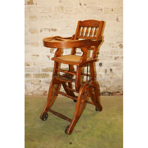 202 - Edwardian carved mahogany high chair, with bergere seat, 95cm high.