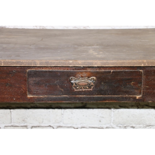 203 - Victorian painted pine side table with frieze drawer, raised on turned supports, 115cm long.