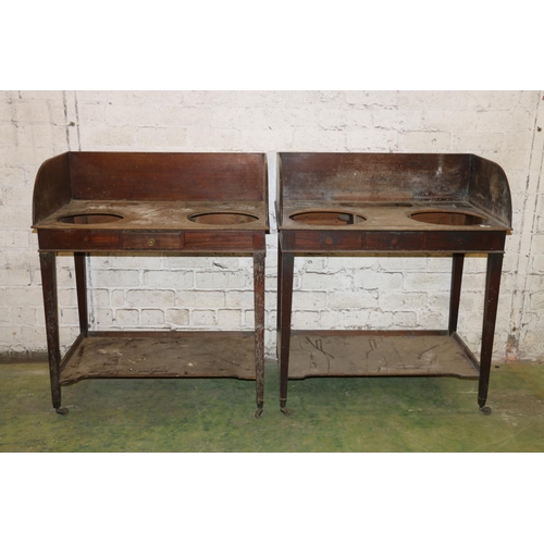 208 - Pair of 19th century mahogany washstands, raised on square tapering supports, capped by brass castor... 