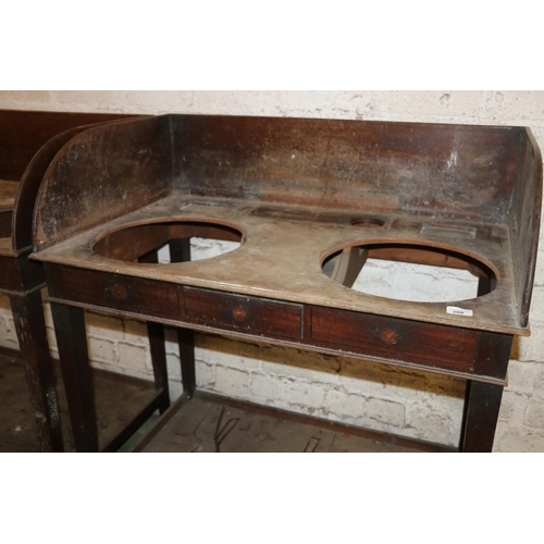 208 - Pair of 19th century mahogany washstands, raised on square tapering supports, capped by brass castor... 