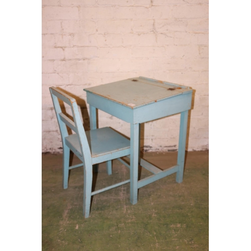 211 - Blue painted pine childs desk and matching chair.