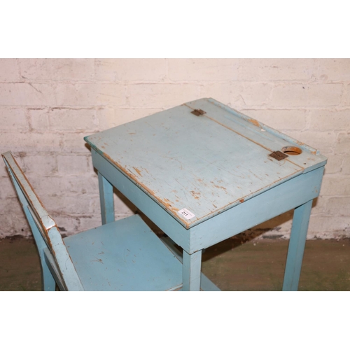 211 - Blue painted pine childs desk and matching chair.