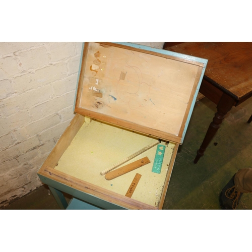 211 - Blue painted pine childs desk and matching chair.