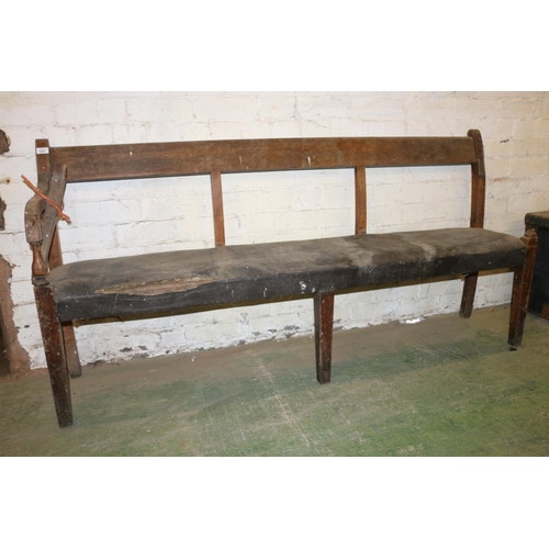 214 - Antique mahogany bench, raised on square tapering supports, 182cm long.