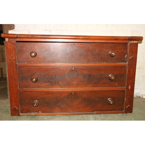 230 - Antique mahogany three drawer chest with break front top, 122cm long.